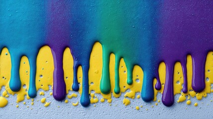 Dripping paint in rich, vibrant colors collides on a blue abstract canvas, blending chaos and creativity in a burst of motion.
