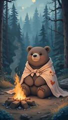 Cozy Campfire Story: A Cute Bear Wrapped in a Blanket