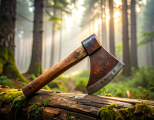 Rusty Axe Stuck in Tree Trunk in Forest: Old Hand Tool on Mossy Ground Surrounded by Lush Wilderness for Survival, Logging, or Outdoor Bushcraft Themes

