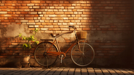 Photo of a vintage bicycle with a wicker basket stands against an old brick wall in the late afternoon sun