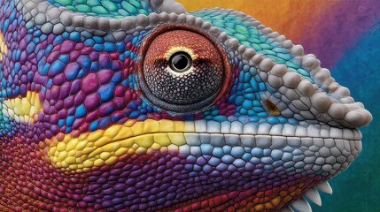 Fototapeta premium The chameleon’s head is a riot of color, with its swirling skin tones resembling a living, breathing kaleidoscope. 