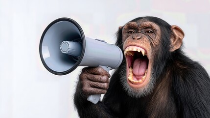 A lively chimpanzee shouts through a megaphone, delivering a bold message with energy and humor against a white backdrop.


