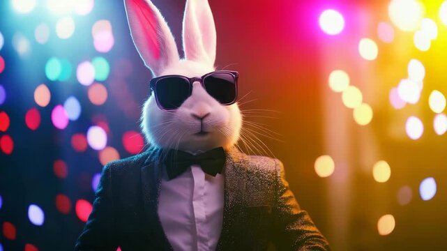 cool easter bunny with sunglasses on disco background animation