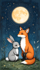 Moonlight Companions: Fox and Bunny Under a Starry Sky