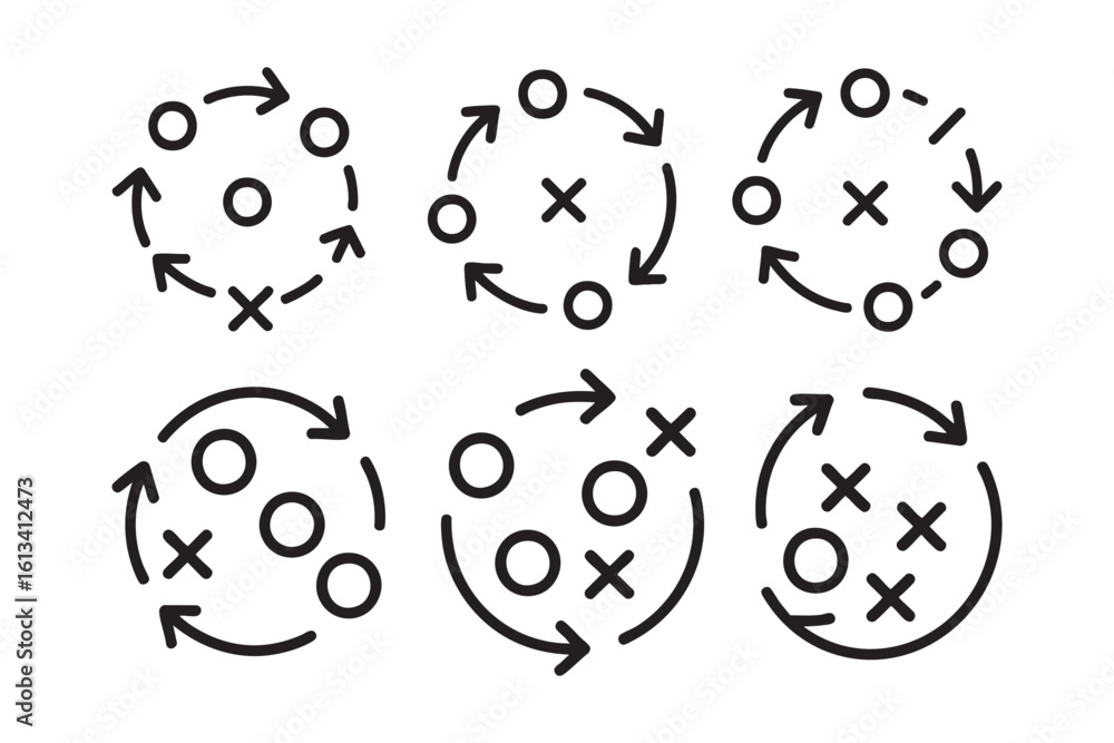 Poster tactical game plan diagram vector set a strategic collection of circular flowcharts with arrows, per