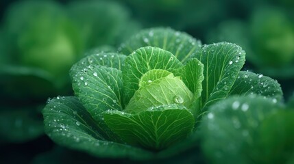 Close-Up of Fresh Green Cabbage with Water Drops on Leaves