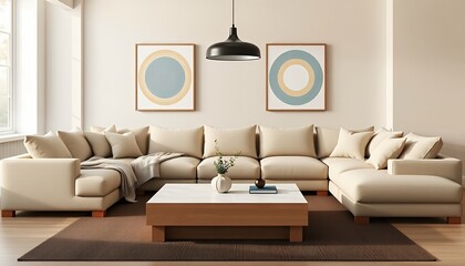 Modern Living Room Interior with Large Beige Sectional Sofa and Coffee Table