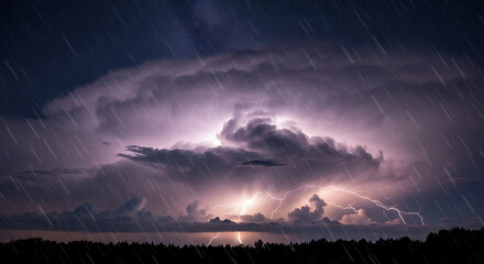 A dramatic and powerful thunderstorm rages with bright lightning illuminating the massive, dark clouds and heavy rain falling.