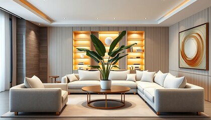 Modern Living Room Interior with Large Sectional Sofa and Bookshelf