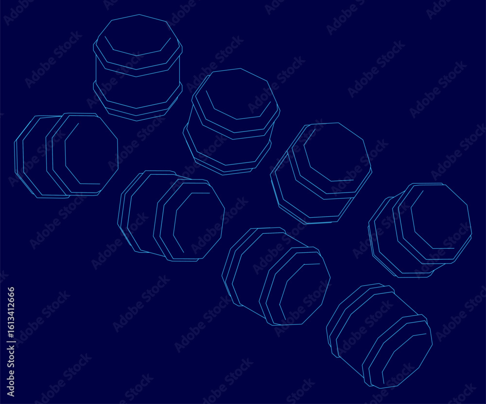 Aufkleber hexagonal barrels arranged in a symmetrical pattern on a deep blue background. the white contours of