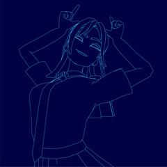 A young college girl in a blue anime-style dress poses with hands on her head against a dark blue background. The character resembles a figure with clean contours and expressive features.