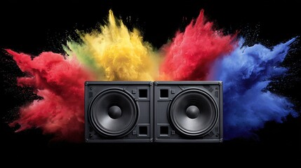 Vibrant bursts of color explode from speakers on a black backdrop, capturing the raw energy of full-volume sound.