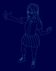 A young college girl in a blue school uniform stands with arms outstretched against a dark blue background. She wears a white collar and bow, eyes closed, hands clasped peacefully.