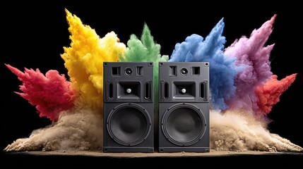Vibrant bursts of color explode from speakers on a black backdrop, capturing the raw energy of full-volume sound.