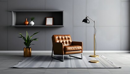 Modern Living Room Interior with Leather Armchair and Shelf Decor