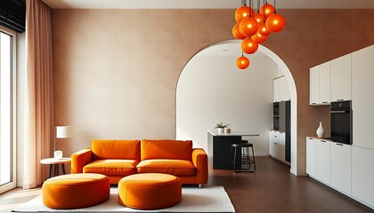 Modern Living Room Interior with Orange Accents and Archway Design