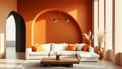 Modern Living Room Interior with Orange Arch Design and Cozy Sofa