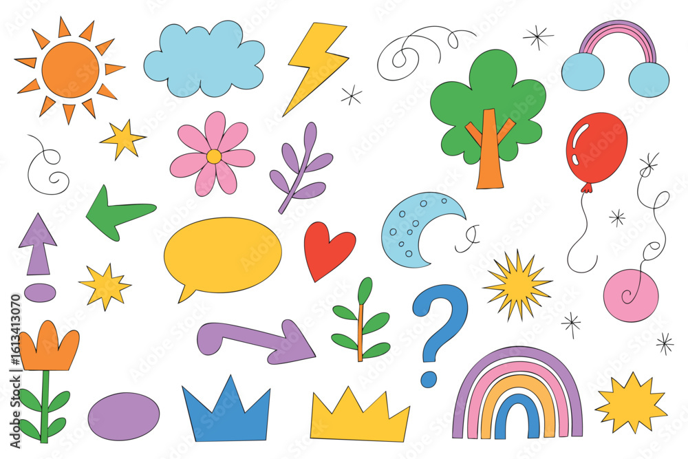 Aufkleber whimsical doodle collection a vibrant array of hand drawn elements for playful designs and creative 