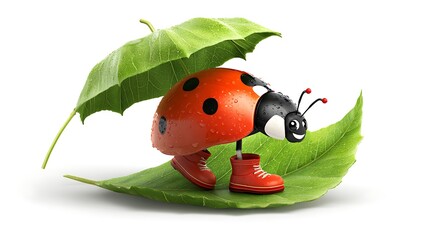 A cartoon ladybug with red boots standing on a leaf under another leaf on a white background
