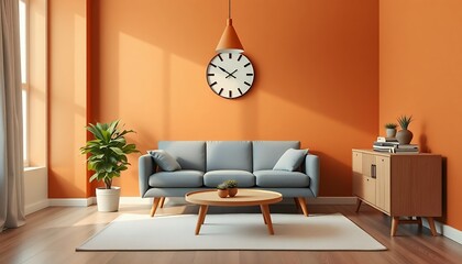 Modern Living Room Interior with Orange Walls and Stylish Furniture