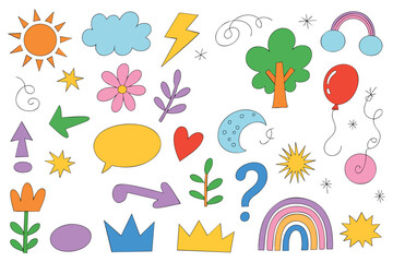 Whimsical Doodle Collection A Vibrant Array of Hand Drawn Elements for Playful Designs and Creative Projects Featuring Sun Cloud Lightning Tree and Rainbow