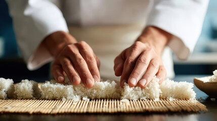 Chef making sushi roll with bamboo mat