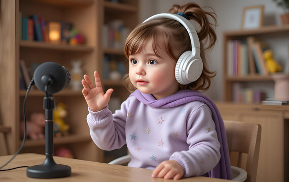 Little Podcaster in the Making: Adorable Child with Headphones and Mic