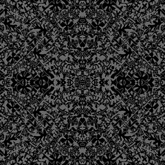 Black and white abstract background pattern with white ornamentation. Watercolor painting, hand-drawn.