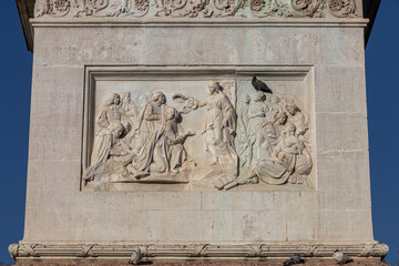 Madrid, Spain. Stone relief by Jose Jeronimo Tomas y Geneves on the pedestal of the Philip IV...