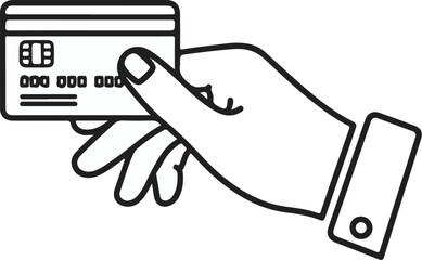 Hand holding credit card icon. Outline vector illustration for payment, banking, and financial transactions.