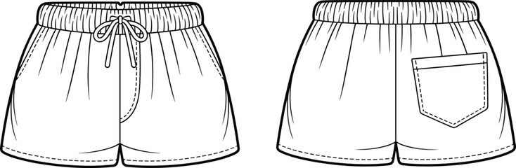 Women's Fashion Blank Technical Sketch, Elastic Waistband Drawstring Shorts Template, Casual Loungewear Bottoms Mockup, Front and Back View, Design Illustration on White Background.