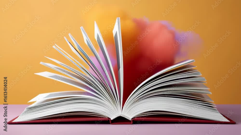 Aufkleber open book with fanned pages, showcasing vibrant colors in the background, creating a dynamic visual 