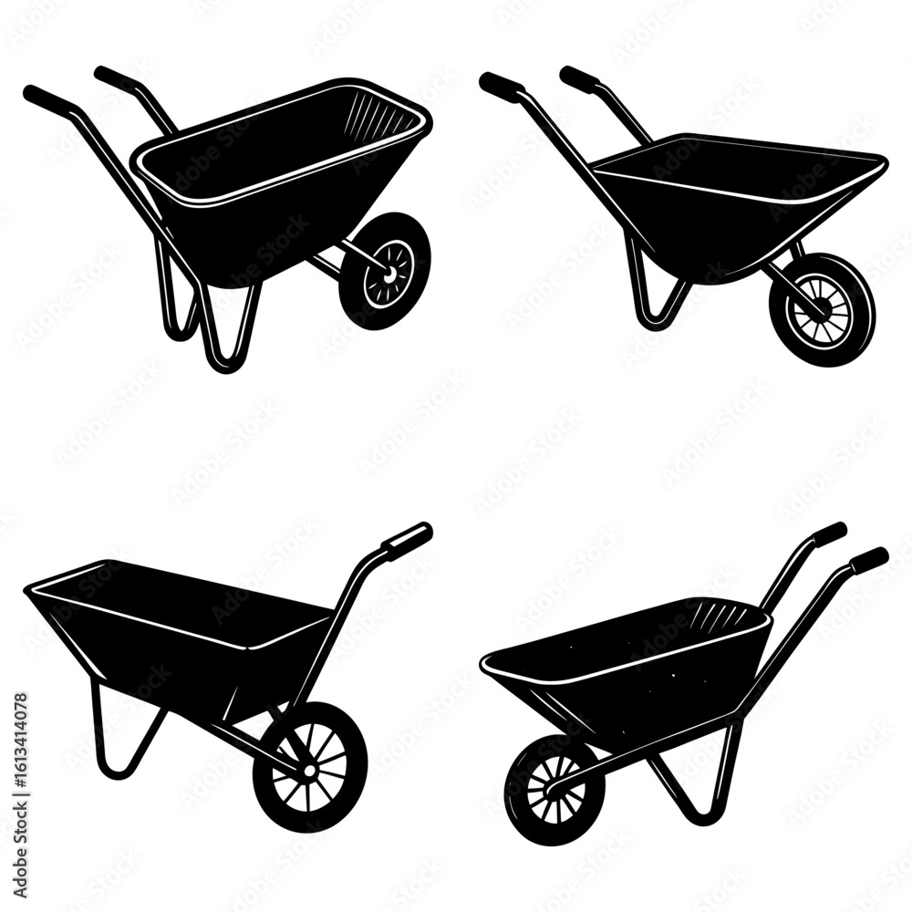 Poster four wheelbarrows in black and white with different designs displayed on a white background in a pat