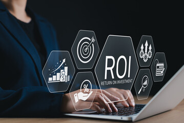 Analyzing ROI and Business Strategy Concepts. Businesswoman working on laptop with icons representing ROI, financial strategies, return on investment, and efficiency. calculate profit, marketing plan,