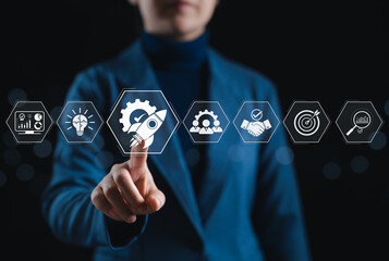 Business Innovation and Startup Launch Strategy Concept. Rocket icon with startup, idea, teamwork, partnership, and growth, symbolizing innovation, launch strategies, and organizational development.