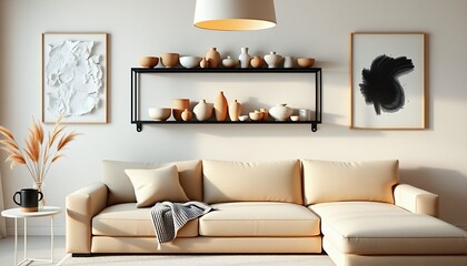 Modern Living Room Interior with Sofa Shelves and Artwork