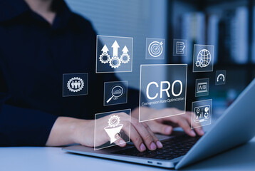 CRO Conversion Rate Optimization Technology Concept. Woman using laptop with icons representing CRO, analytics, A/B testing, funnel optimization, performance metrics for digital marketing improvement,