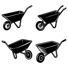 Illustration showcasing four black and white wheelbarrows in various angles and perspectives design vector