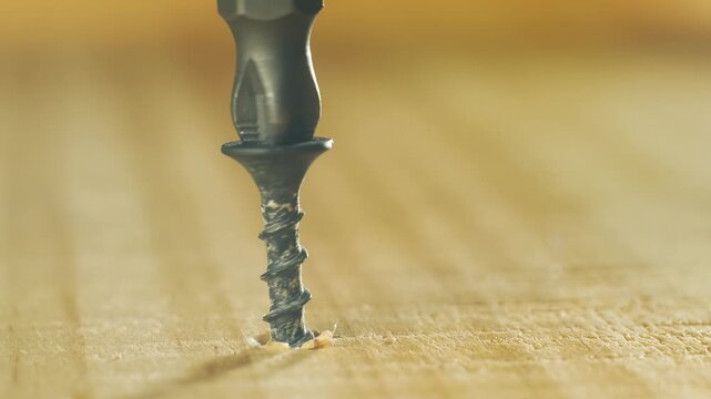 Close-up screwdriver bit screwing black countersunk self-tapping screw into wooden plank. Hardware tool tightening coarse fastener during repair. Bit working in construction moment