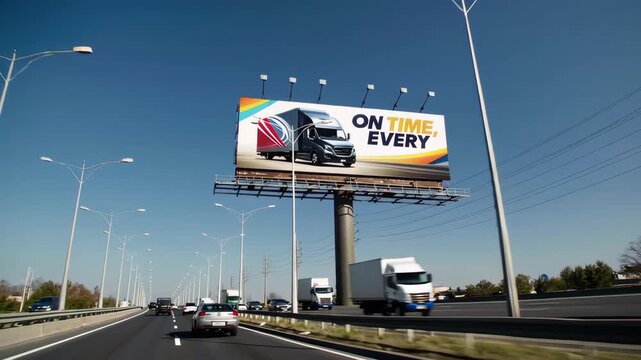 A busy highway features a large billboard promoting transportation services, showcasing a truck and the slogan "ON TIME EVERY TIME." Vehicles pass by, illustrating the importance of punctual deliverie