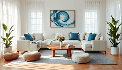 Modern Living Room Interior with White Sofa and Blue Abstract Art