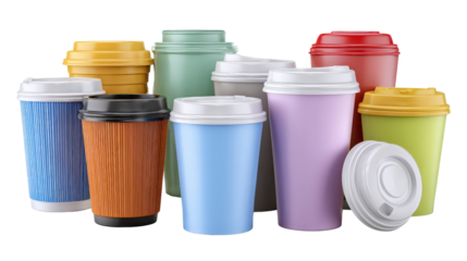 3D realistic plastic cups and lids waste background isolated on a Transparent background, PNG file.