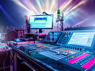 Audio mixing console and microphones at live concert event with crowd and stage lighting in the background. Music production, live sound, entertainment, concert industry.