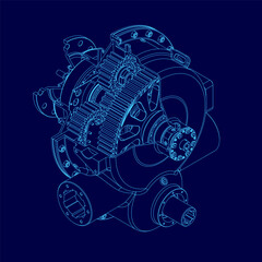 A detailed blueprint of a car engine with visible gearbox, pistons, and turbine components. The intricate contour lines highlight mechanical precision against a solid blue background.