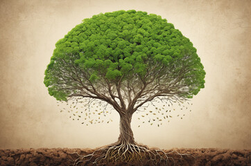 Lush Tree with Deep Roots and Falling Leaves Illustration. Generative AI.