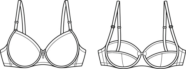 Women's Lingerie Blank Technical Sketch, Underwire Padded Bra Template, Adjustable Straps, Undergarment Mockup, Front and Back View, Design Illustration on White Background.
