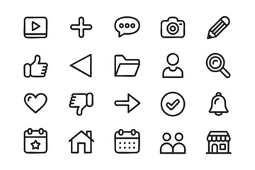Essential UI Icon Set A Collection of Line Art Symbols for User Interface Design Including Play Button Plus Sign and Chat Bubble on a Transparent Background