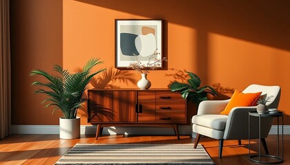 Modern Living Room Interior with Warm Lighting and Wooden Furniture