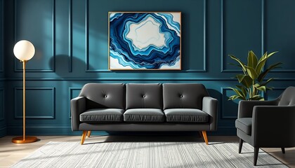 Modern Living Room with Sofa Artwork and Teal Wall Paneling