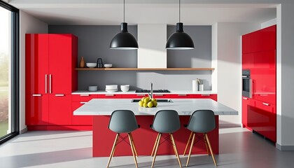 Modern Red Kitchen Design with Island and Stylish Lighting